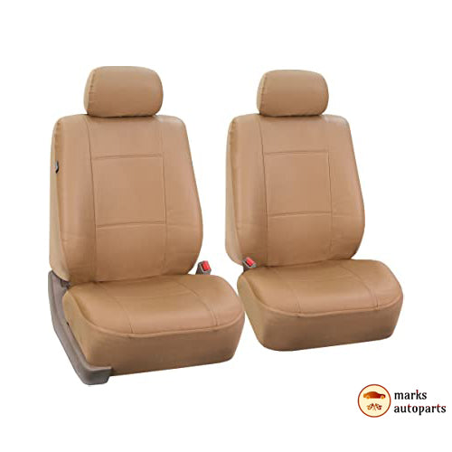 Two brown leather seats with no seatbelt facing forwards.